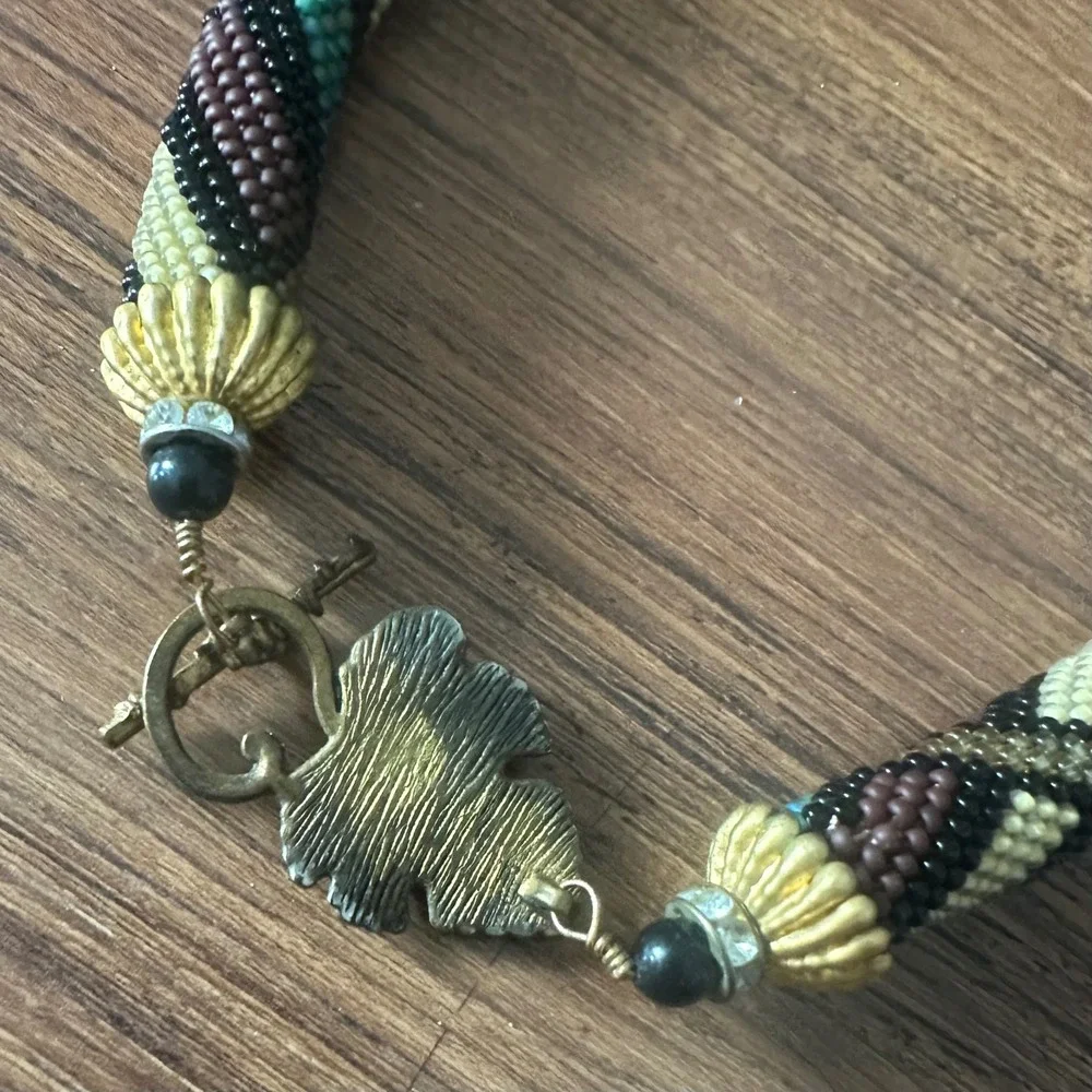 Vintage Seed Bead Crochet Rope Necklace Geometric Spiral Brass Leaf Toggle Clasp